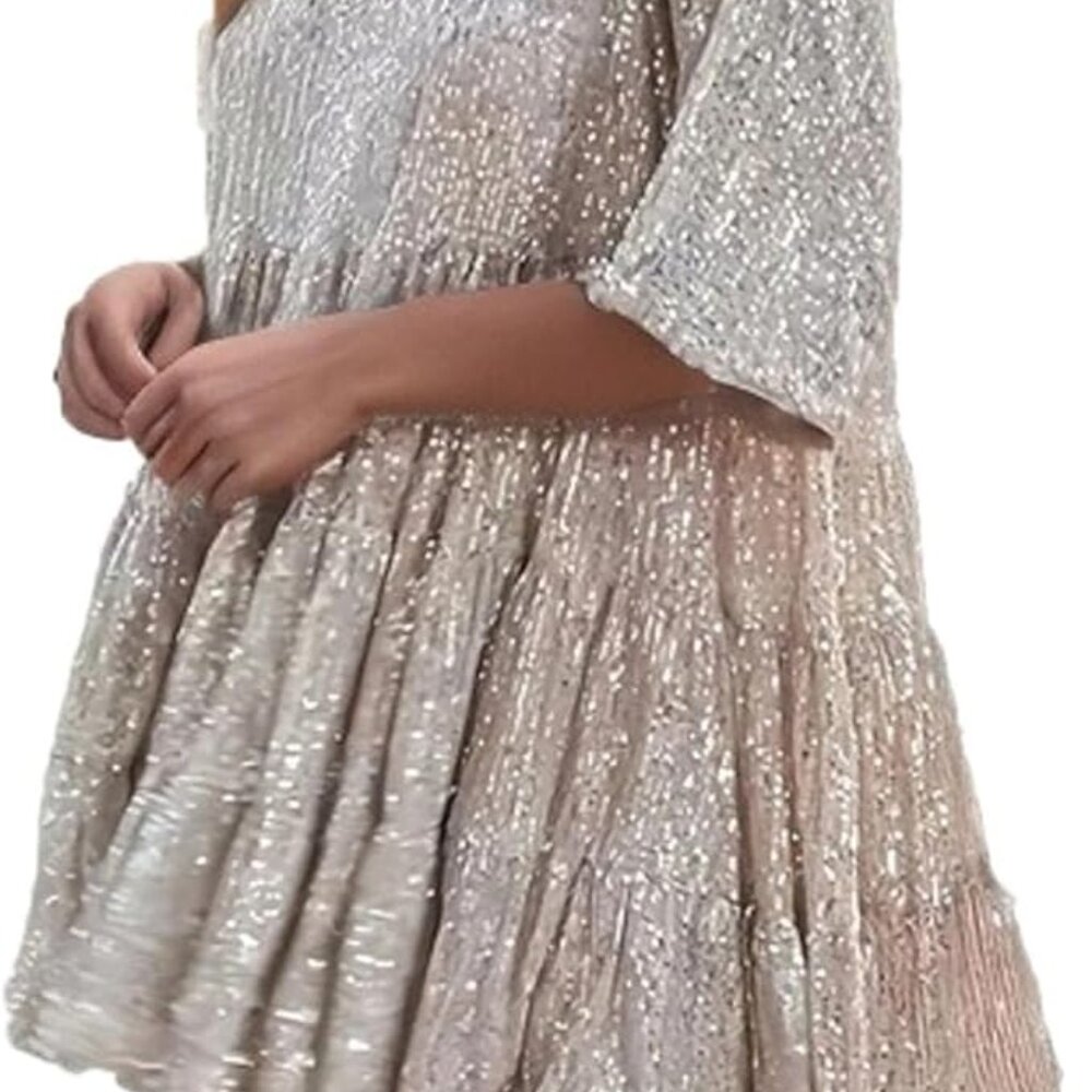 Silver Sequin Babydoll Mini Dress,Sparkly Glitter Flowy Short Tiered Tunic Dress - Picture 2 of 5